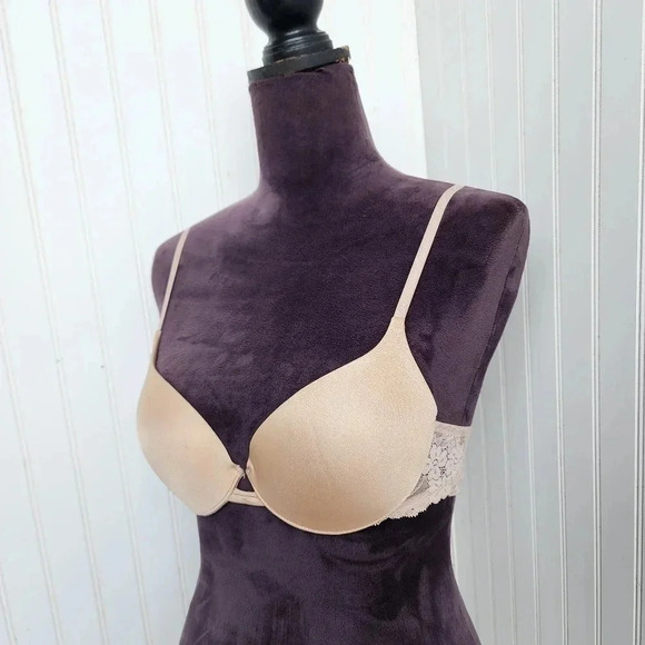 VICTORIA'S SECRET ANGELS Nude Beige BRA WOMENS SIZE 34B Lace Lightly Padded - Picture 3 of 12